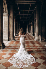 The bride in a wedding dress for the upcoming ceremony. The path to the groom. The view from the...