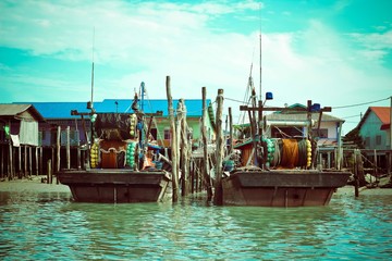 Saturated photo of a wooden platform with stuff