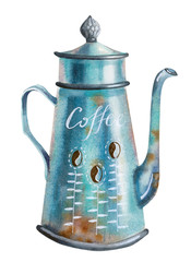 Watercolor illustration - turquoise vintage coffee pot.