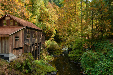 Old wooden building of the Cedar Creek Grist Mill near Vancouver city in Washington.