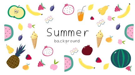 Meubelstickers Summer background. Vector hand-drawn illustration with fruits, and summer objects, pear, watermelon, apples, strawberries, for printing, cards, packaging, design, background. © nice_vector