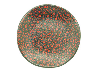 Empty black circle ceramic plate with red pattern isolated on a white background. Japanese style, used for serving, View from abvoe..