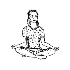 Girl meditating, hand drawn doodle, drawing in gravure style, sketch illustration