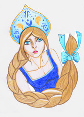 Colored pencil hand drawn russian girl in national headdress