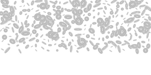 Russian ruble coins falling. Scattered black and w