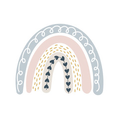 Cute vector rainbow with heart in scandinavian style isolated on white background for kids. Hand drawn cartoon illustration for posters, prints, cards, fabric, children books, interior design