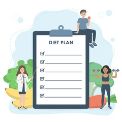 Nutritionist doctor pointing at diet plan on clipboard. People exercise and eat healthy food. Fruits and vegetables in background. Healthcare, weight loss and nutrition concept. Vector illustration.