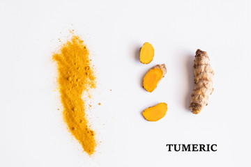 Turmeric root on white background. Tirmeric used as spice and treatment in alternative medicine with multiple benefits for health...