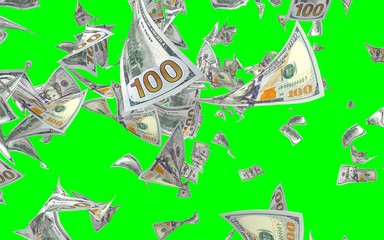 Flying dollars banknotes isolated on chromakey. Money is flying in the air. 100 US banknotes new sample. 3D illustration