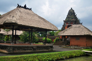 Fototapeta na wymiar Ancient Meru towers of Pura Besakih temple significant Hindu archaeological site for travelers people travel visit and respect praying at Mount Agung city village in Bali, Indonesia