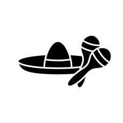 Cutout silhouette of Mexican sombrero with maracas. Outline icon of traditional attributes fun. Black simple accessory illustration, hat and rattles. Flat isolated vector pictogram on white background