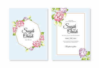 Minimalist wedding invitations set template with floral watercolor painting