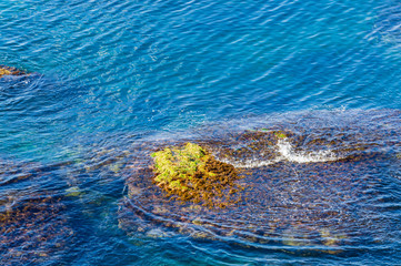 Rocky coast of Black Sea. Cape Alchak. Wildlife near ancient city built by Genoese. Velvet season in Sudak in Crimea. Huge stones and boulders in sea and on background of sea. Close-up.