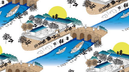 Vector seamless background illustration of the landscape of an old Korean village by a river with a stone bridge and small boats. Design for fabric, web design, print project, and rapping