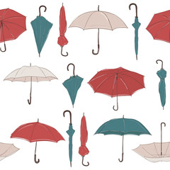 Fototapeta na wymiar Seamless vector background with straight rows of hand drawn umbrellas in sketch style