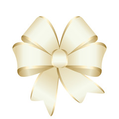 Vector Shiny Golden Satin Gift Bow Close up Isolated on White Background.