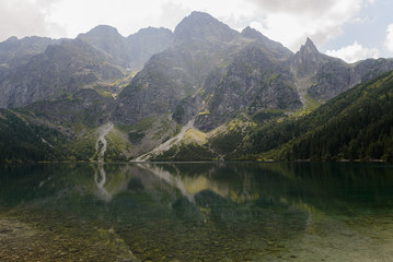 Landscape of wonderful lake with clear water in mountains. Mountains, in southern Poland. Green background