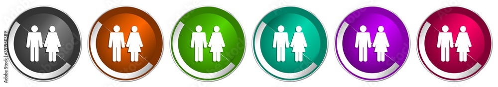 Poster Couple icon set, silver metallic chrome border vector web buttons in 6 colors options for webdesign