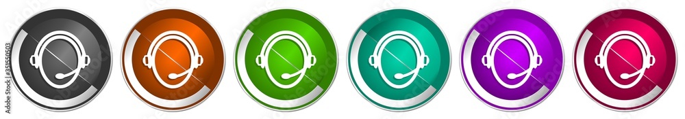 Leinwandbilder Customer service icon set, silver metallic chrome border vector web buttons in 6 colors options for webdesign