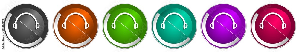 Fototapete headphones icon set, silver metallic chrome border vector web buttons in 6 colors options for webdes