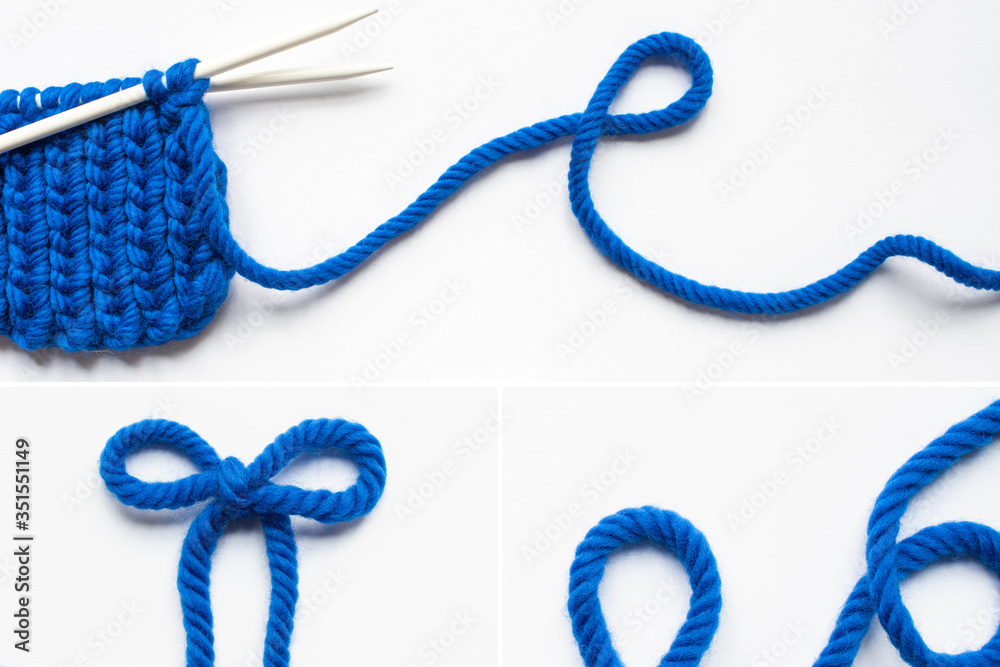 Canvas Prints blue wool yarn and knitting needles on white background