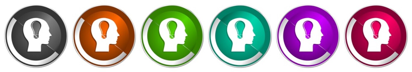 Head icon set, silver metallic chrome border vector web buttons in 6 colors options for webdesign