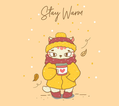 cute cut in warm winter coat, scarf and beannie hat holding coffee take away flat vector, idea for greeting card, children stuff print, banner