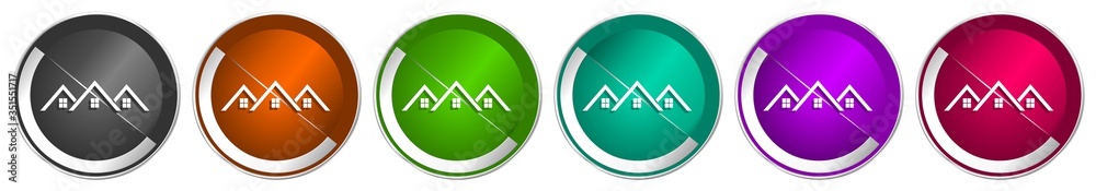 Leinwandbilder Home, house icon set, silver metallic chrome border vector web buttons in 6 colors options for webdesign