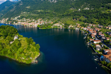 Town of Ossuccio, Como Lake, Italy, aerial view from the lake