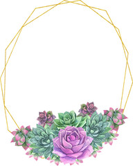 Watercolor succulent frame on white background. Beautiful template for invite or greeting card, banner, backdrop. 