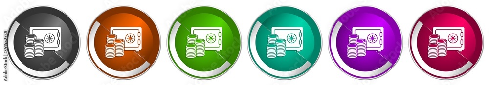 Poster safe and money icon set, bank, business silver metallic chrome border vector web buttons in 6 colors