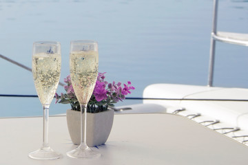 Sparkle wine or champagne and decorative succulent plant on front deck of catamaran sailing yacht