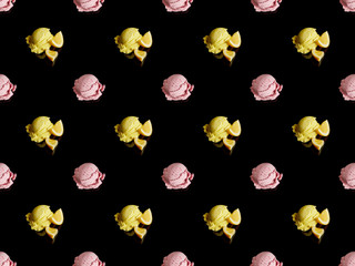 delicious lemon and strawberry ice cream balls isolated on black, seamless pattern