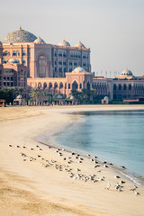 a beautiful sunrise view of Emirates palace, Abu Dhabi from Marina Breakwater Abu Dhabi, UAE, morning, Abu Dhabi sunrise, golden hour