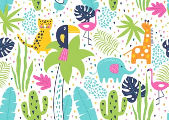 Fototapete Dschungel  Kinderzimmer Tropisches nahtloses Muster mit Tukan, Flamingos, Tiger, Elefanten, Giraffen, Kakteen und exotischen Blättern. Vektor