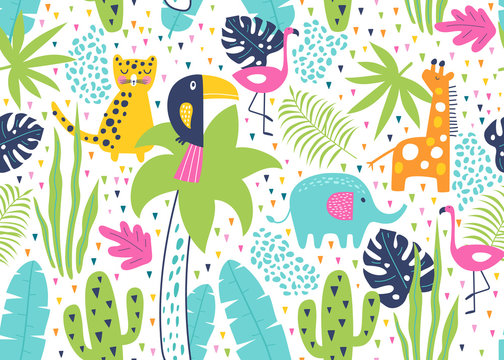 Tropical seamless pattern with toucan, flamingos, tiger, elephant, giraffe, cactuses and exotic leaves. Vector