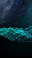 Abstract landscape on a dark background. Cyberspace grid. hi tech network. Outer space. Vertical orientation. Starry outer space texture. 3D illustration