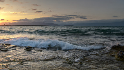 Waves on the sunset. Sevan lake, Armenia