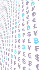 Bitcoin and currency on a white background. Digital crypto currency symbol. Business concept. Market Display. 3D illustration