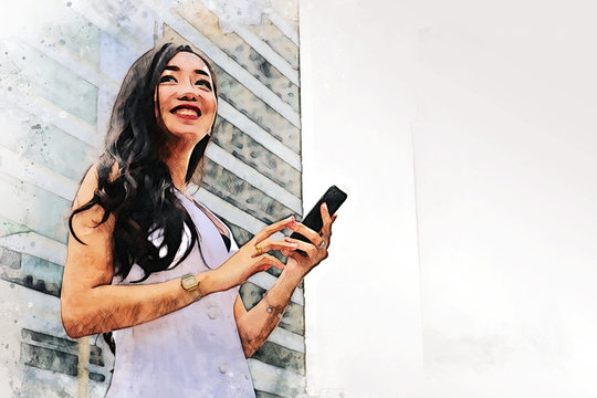 Abstract happiness young business woman smile portrait and traveling in the city on watercolor illustration painting background.