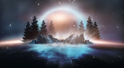 Tuinposter Futuristic night landscape with abstract landscape and island, moonlight, shine. Dark natural scene with reflection of light in the water, neon blue light. Dark neon circle background. © MiaStendal