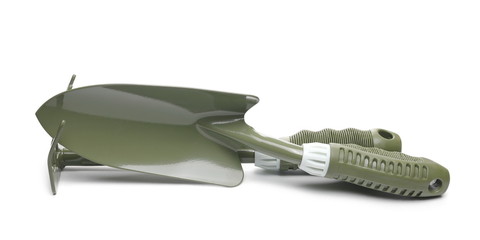 Garden shovel and rake for gardening isolated on white background