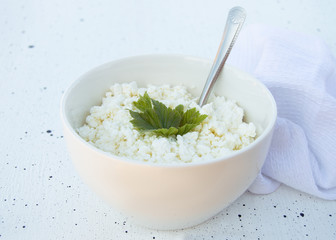 White bowl with fresh homemade cottage cheese with a sheet of currants on a white background....