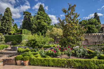 Fototapeta premium Beautiful garden with fountain in Granada Alhambra. Granada, Andalusia, Spain.