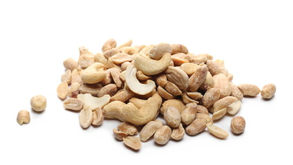 Marinated peanuts, almonds and cashews, nuts snack mix isolated on white background