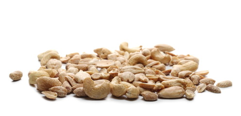 Marinated peanuts, almonds and cashews, nuts snack mix isolated on white background