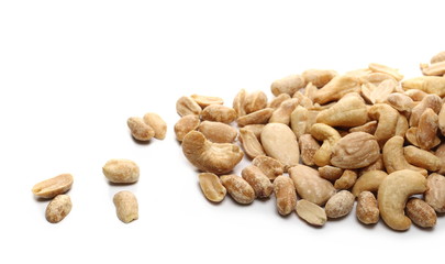 Marinated peanuts, almonds and cashews, nuts snack mix isolated on white background