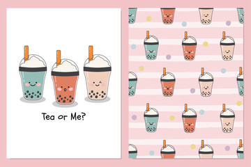 Set of cute  bubble milk ice teas with whipped cream topping with  seamless illustration vector patern background