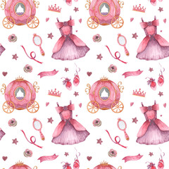 Hand drawn watercolor seamless pattern with little princess apparels and accessories. Baby girl festive pattern © ArtPavo