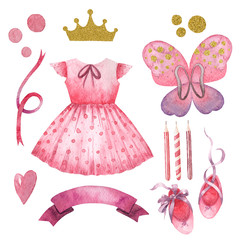 Hand drawn watercolor set of cute little princess apparels and accessories